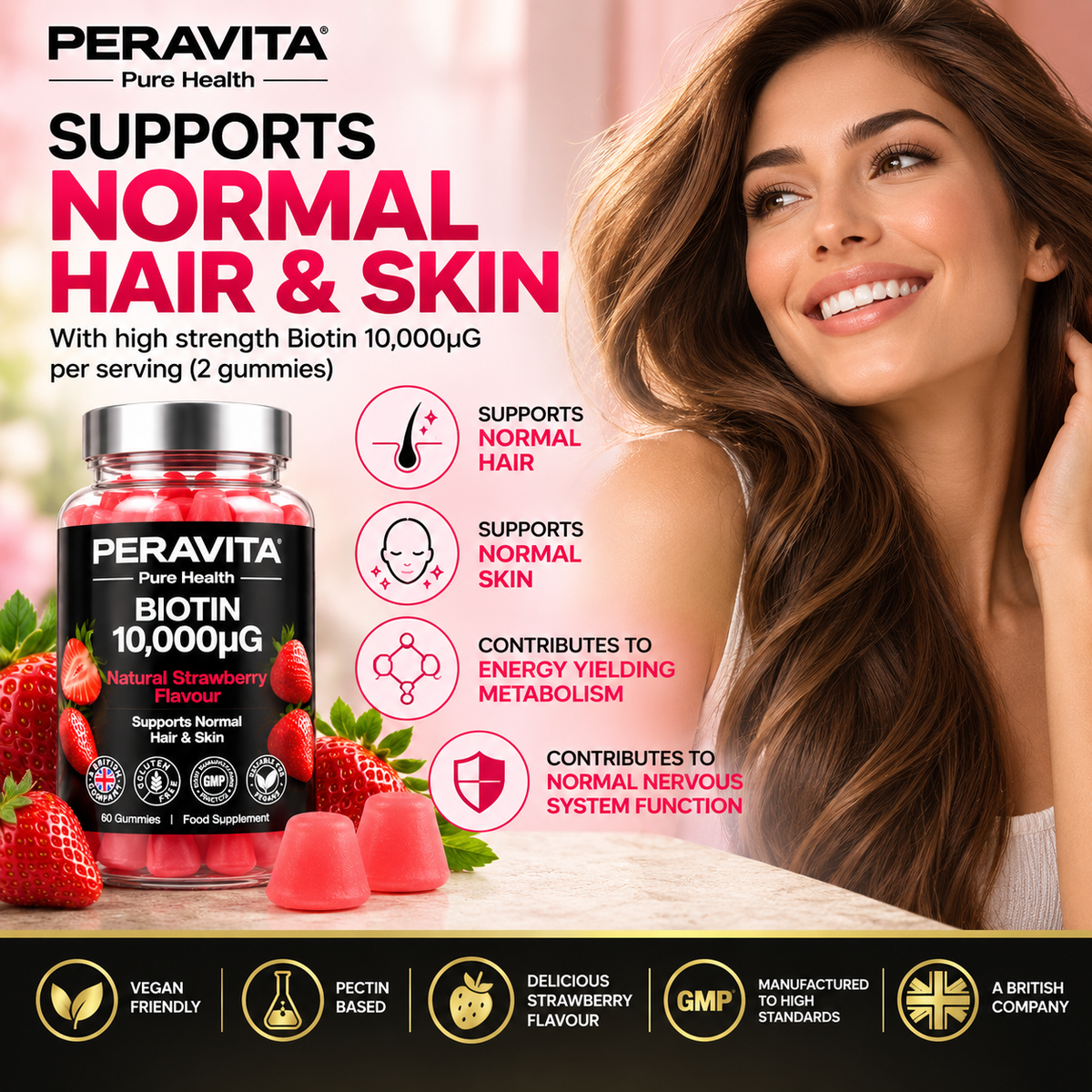 Biotin 10,000µg Strawberry Gummies | 60 by PERAVITA