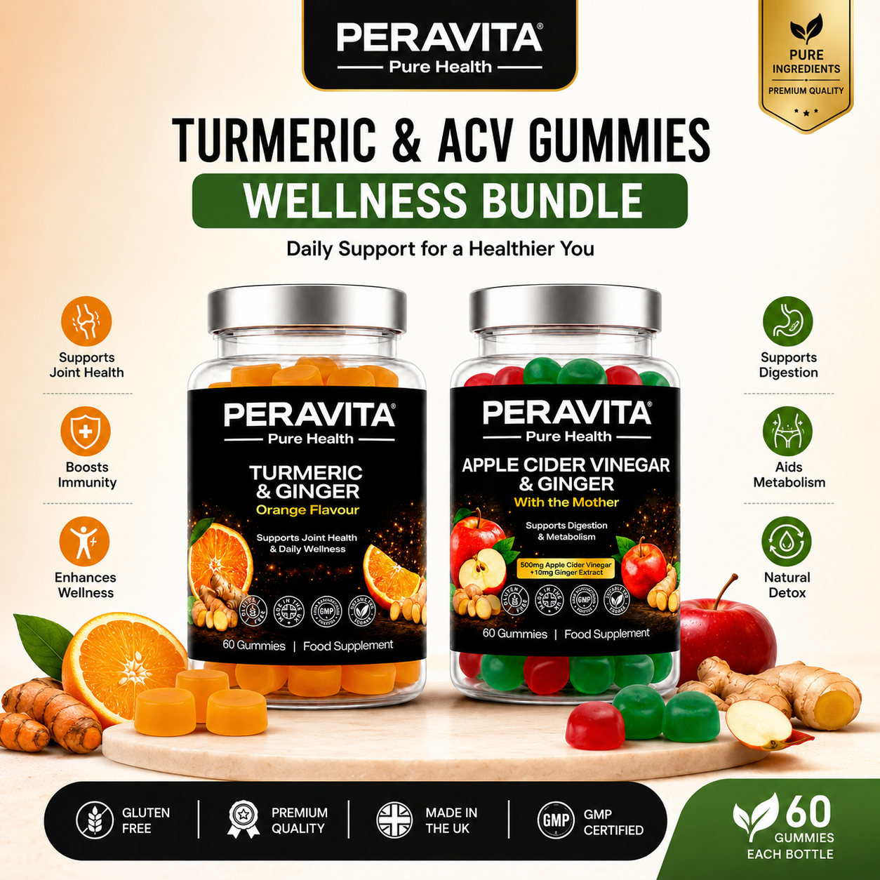 Apple Cider Vinegar & Turmeric Gummies Bundle | Digestion, Gut Health & Daily Wellness Support | PERAVITA