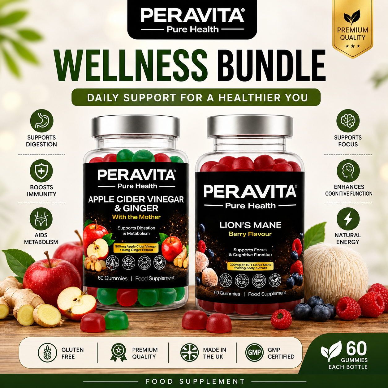 Lion's Mane & Apple Cider Vinegar Gummies Bundle | Focus, Digestion & Daily Wellness Support | PERAVITA
