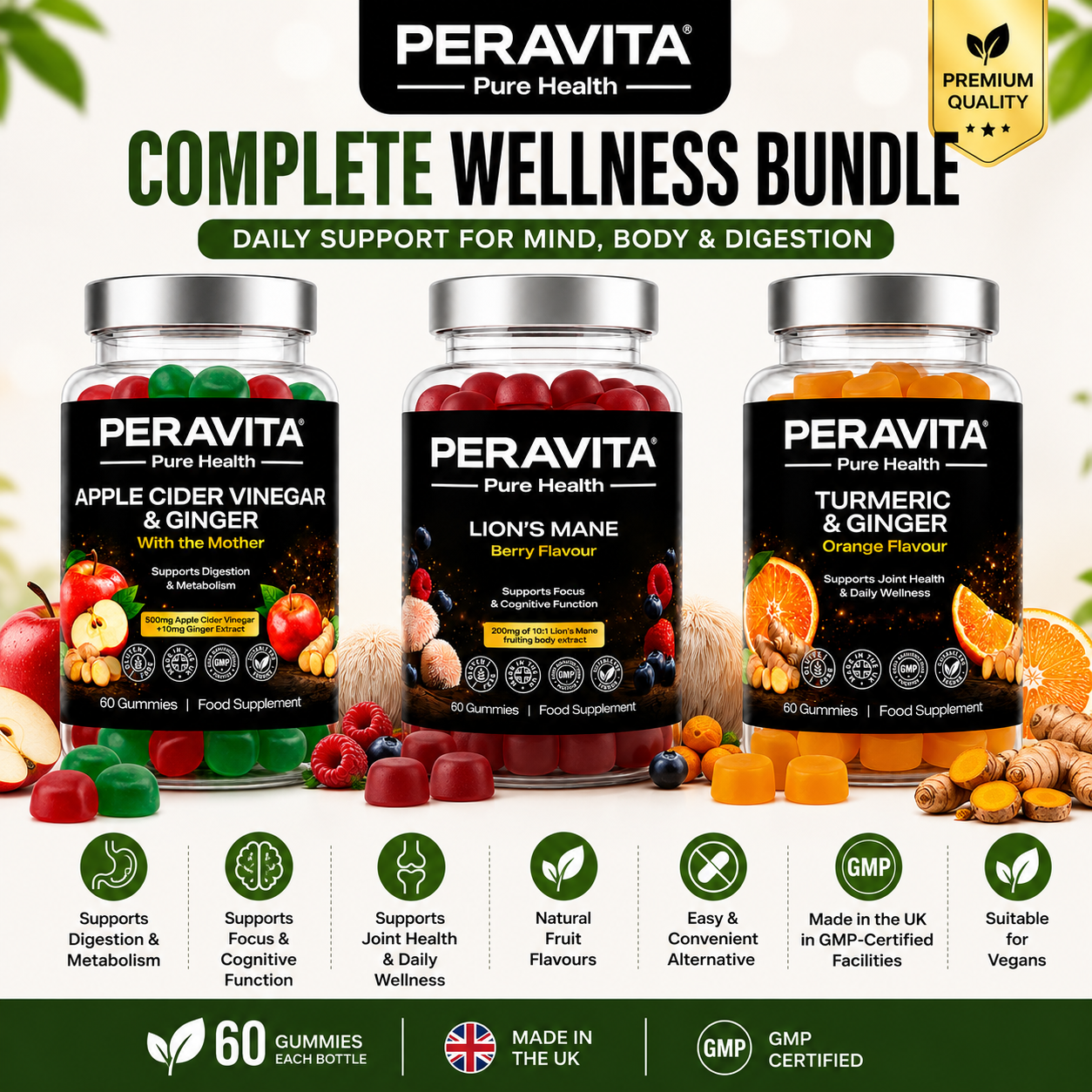 PERAVITA Wellness Gummies Bundle | Lion's Mane, Apple Cider Vinegar & Turmeric Gummies | 3 Bottle Value Pack