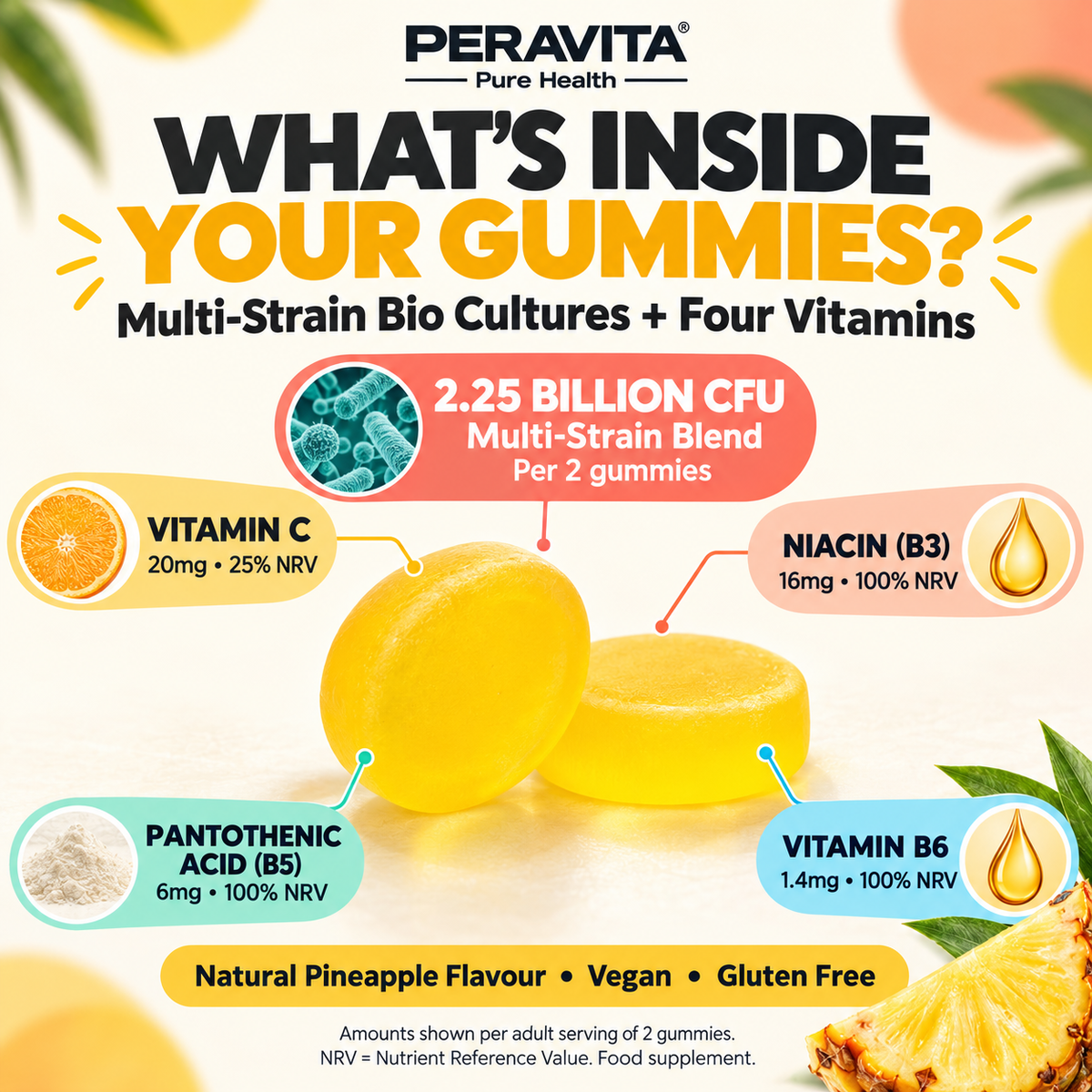 Bio Cultures + Vitamins Pineapple Gummies | 60 by PERAVITA