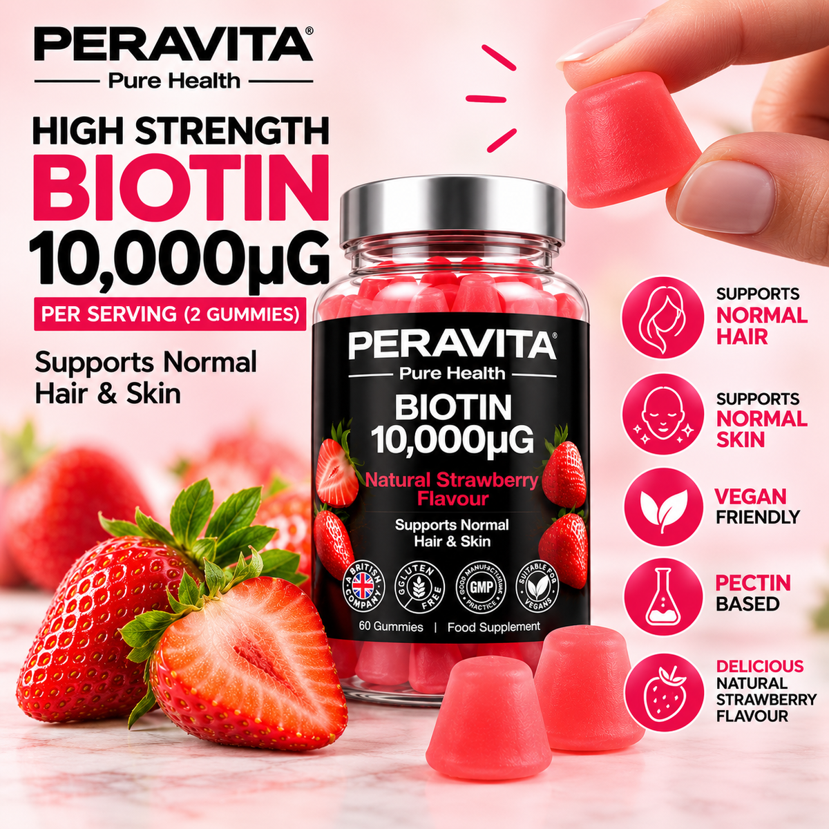Biotin 10,000µg Strawberry Gummies | 60 by PERAVITA