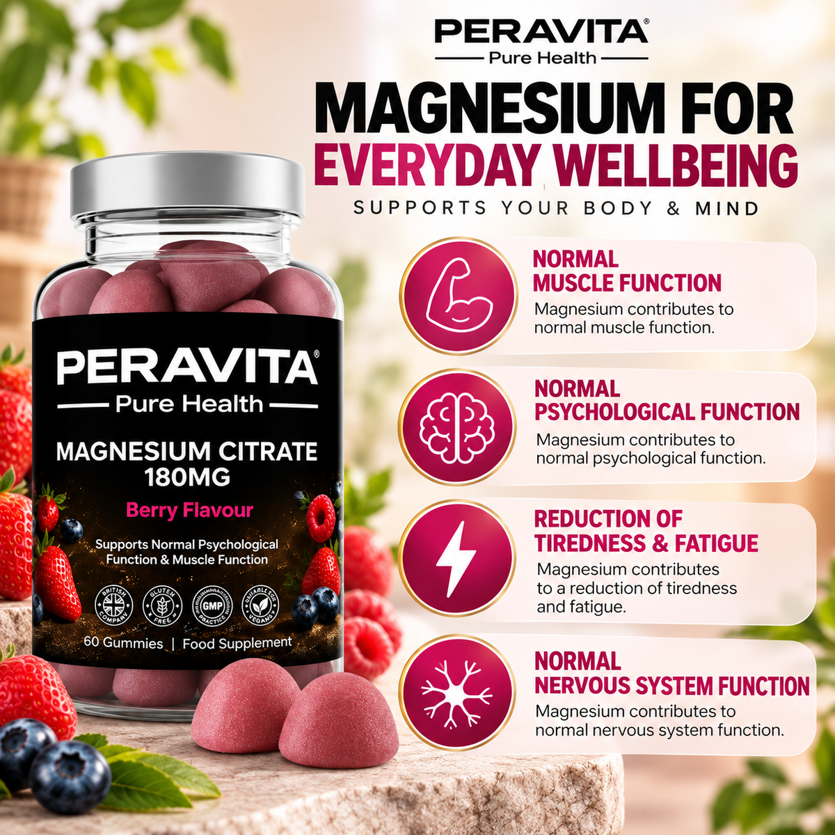 Magnesium Citrate Gummies 180mg Magnesium | 60 by PERAVITA