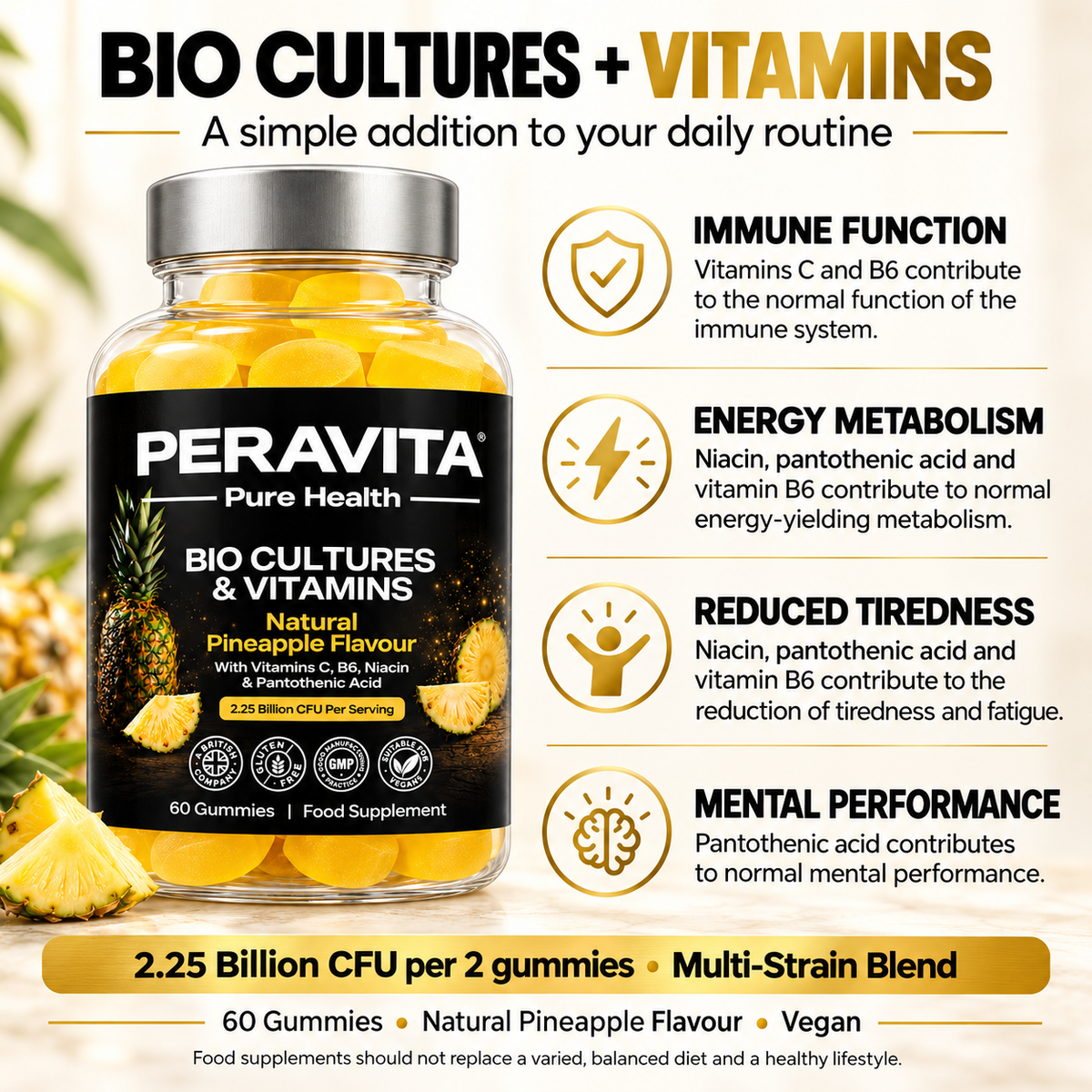 Bio Cultures + Vitamins Pineapple Gummies | 60 by PERAVITA