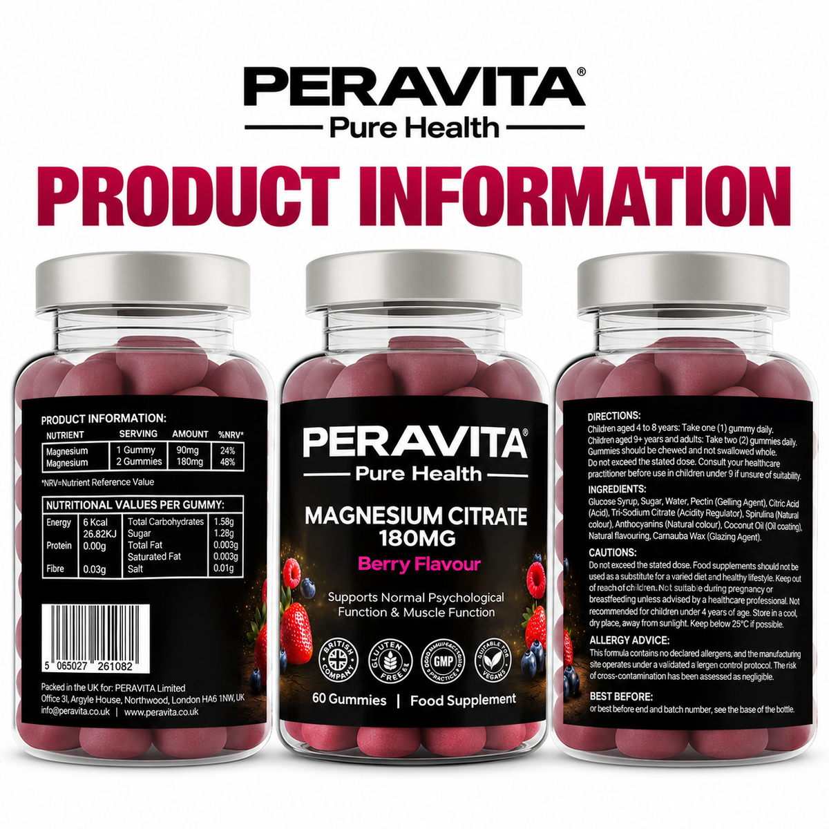 Magnesium Citrate Gummies 180mg Magnesium | 60 by PERAVITA
