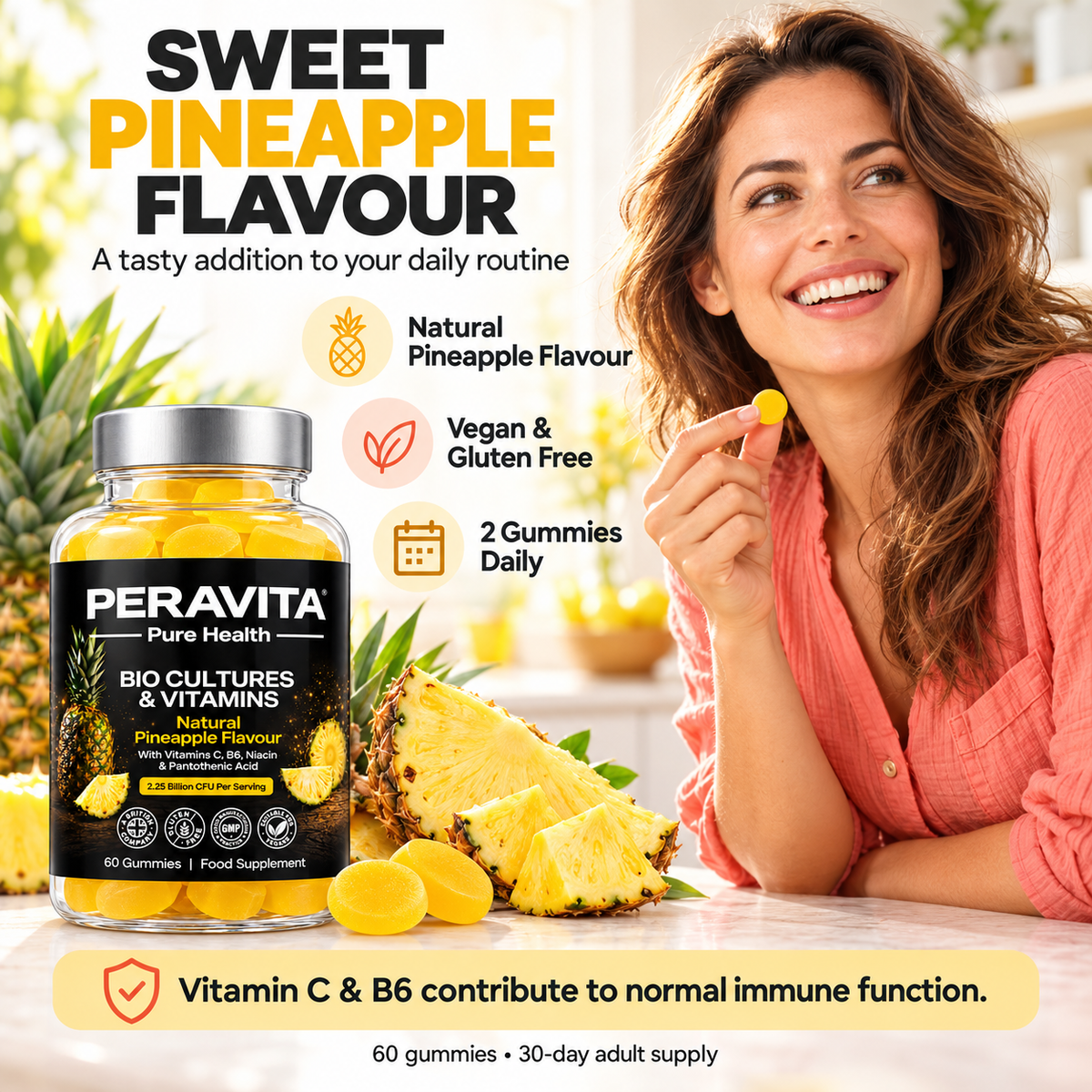 Bio Cultures + Vitamins Pineapple Gummies | 60 by PERAVITA